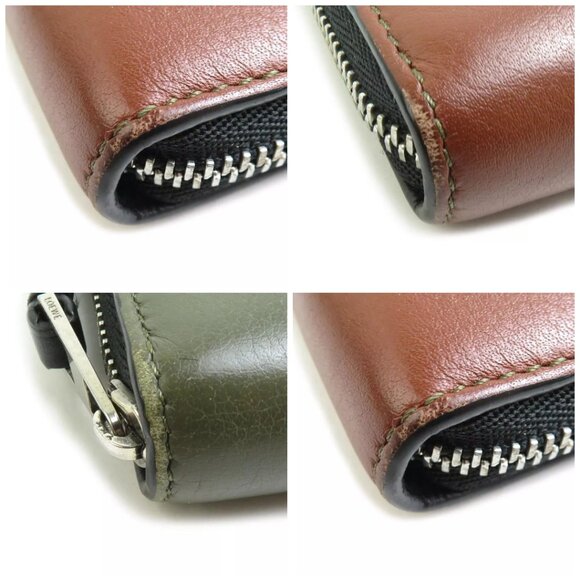 Auth LOEWE Zip Around Long Wallet Brown/Khaki Leather - Picture 15 of 16